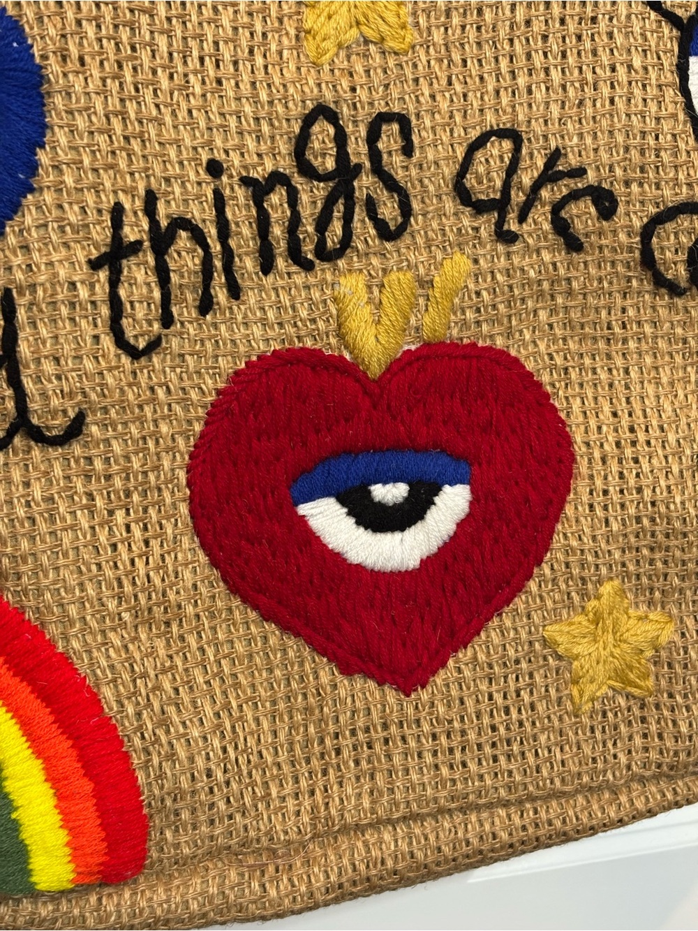 America & Beyond Woven Jute Positivity Embroidered Good Things Coming Tote Bag - Picture 2 of 10